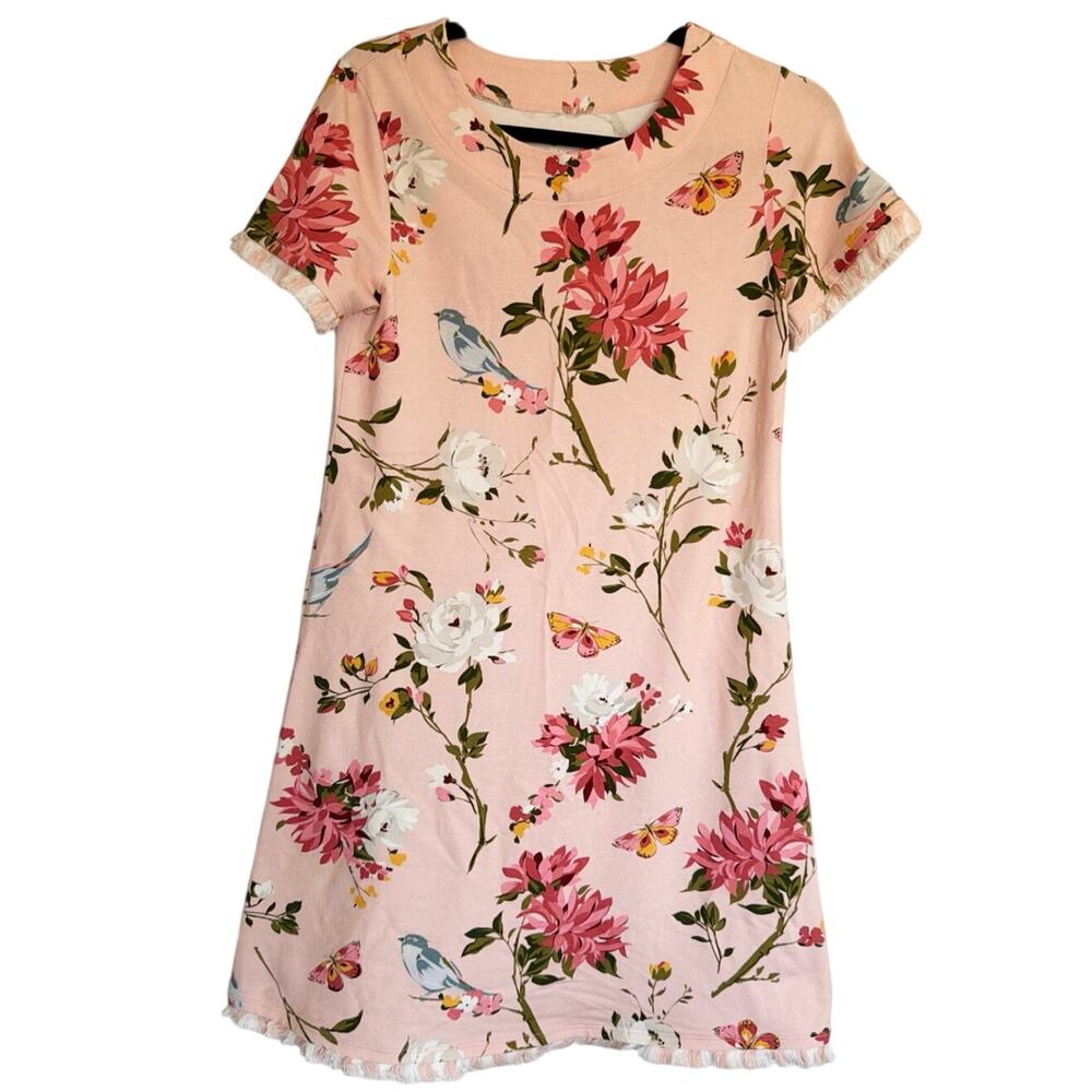 Spartina 449 XS Pink Floral T-Shirt Dress Tassel Fringe Hem Peruvian Cotton